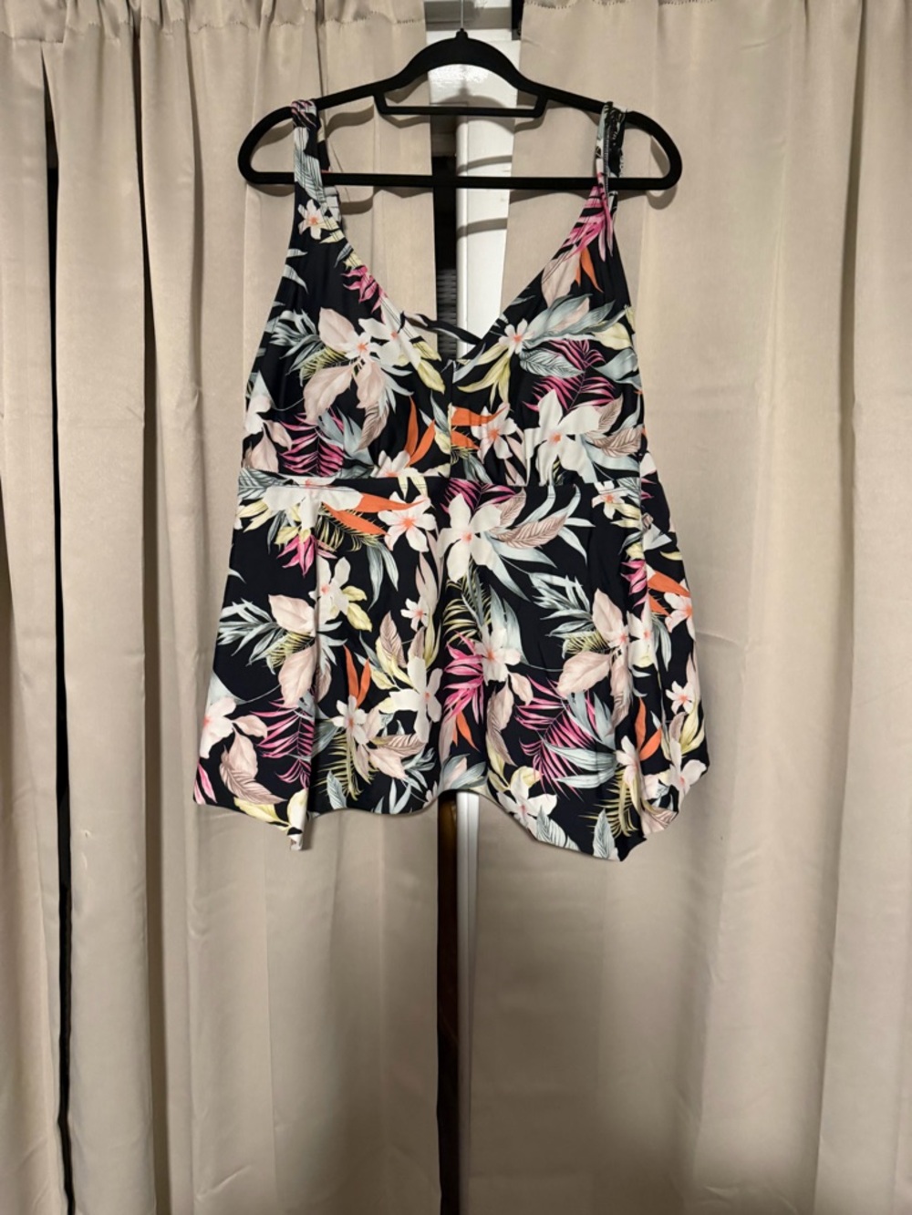 Floral V-Neck Swing Tank Top - Black with Multicolor Print